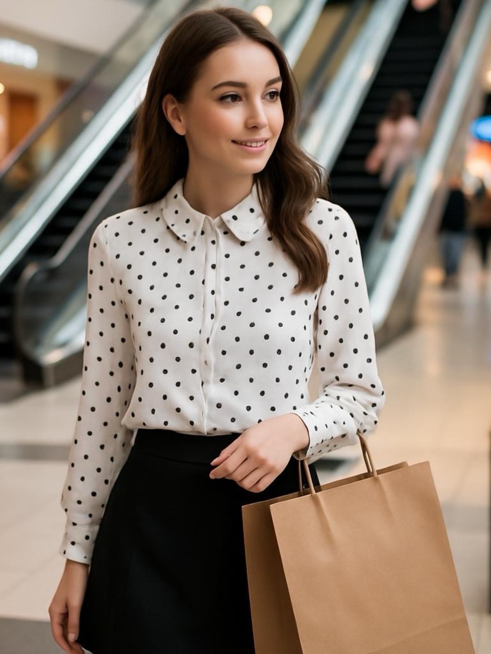 Talbots Petite Polka Dot Pearl Button Down Blouse White Black MP VN5235